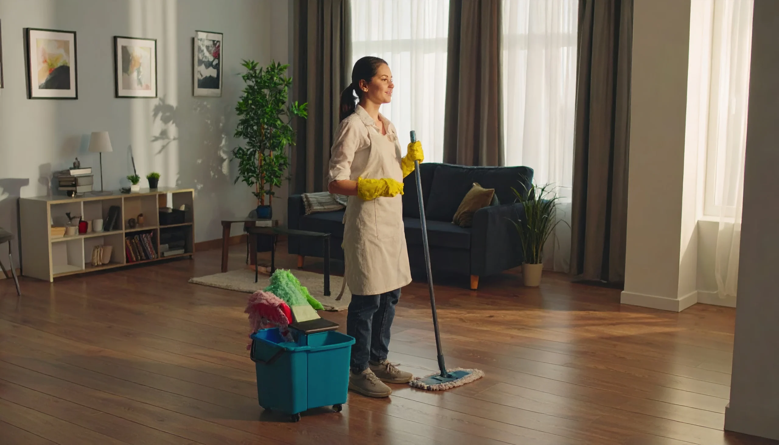 Professional house deep cleaning service with spotless living room and kitchen