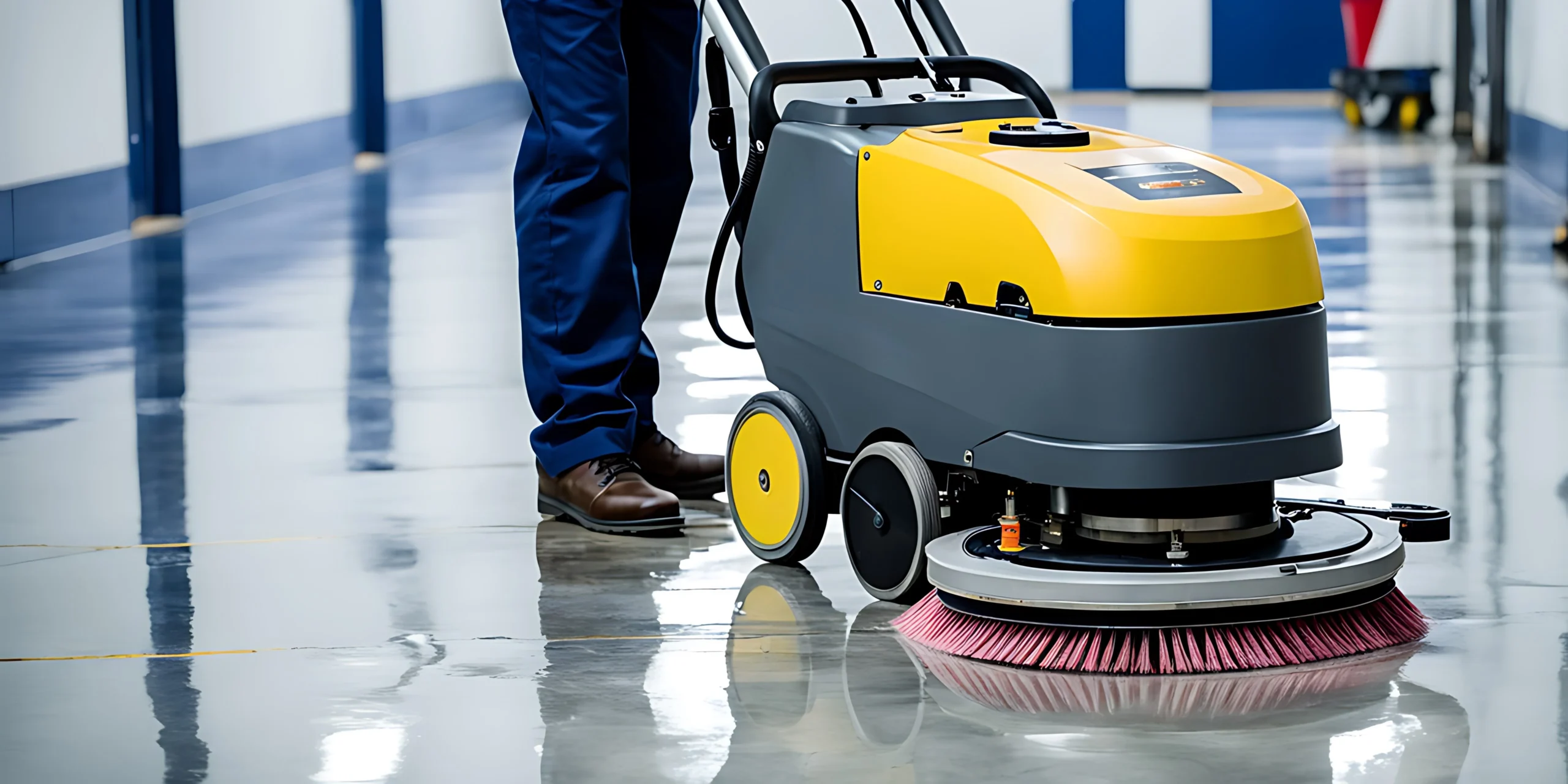Commercial cleaning service mopping office floor with professional equipment
