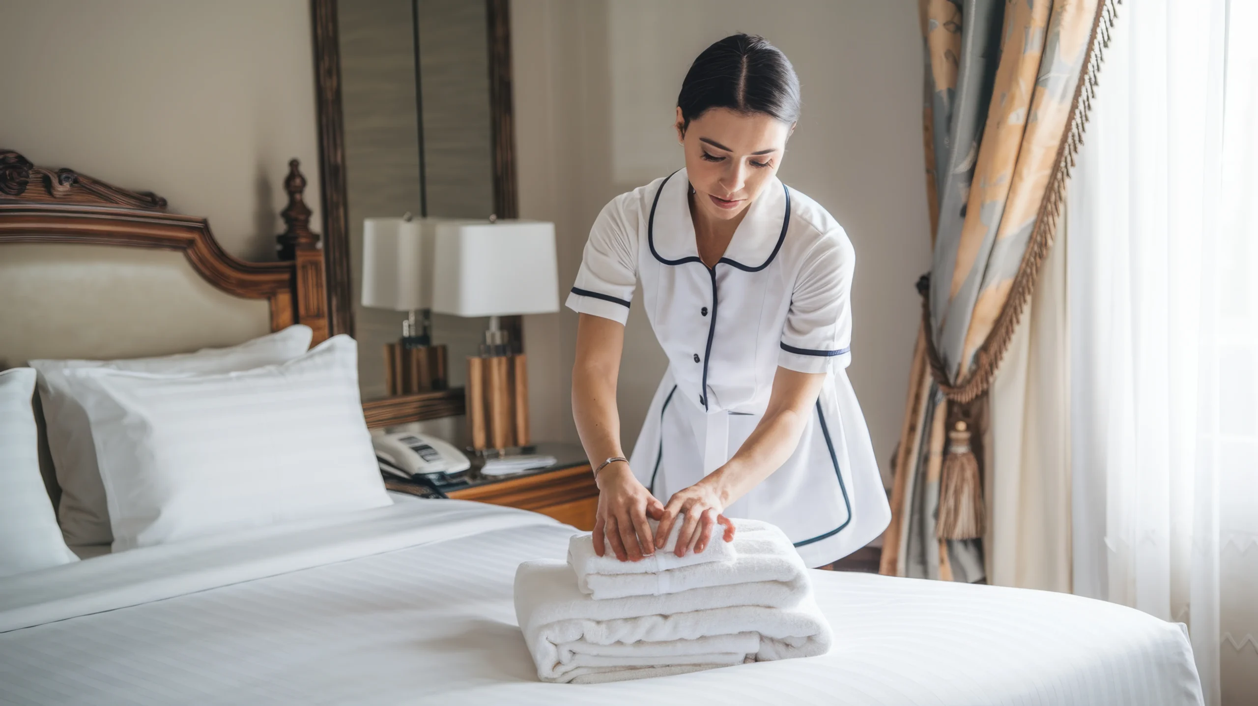Professional hotel housekeeping ensuring clean and welcoming rooms